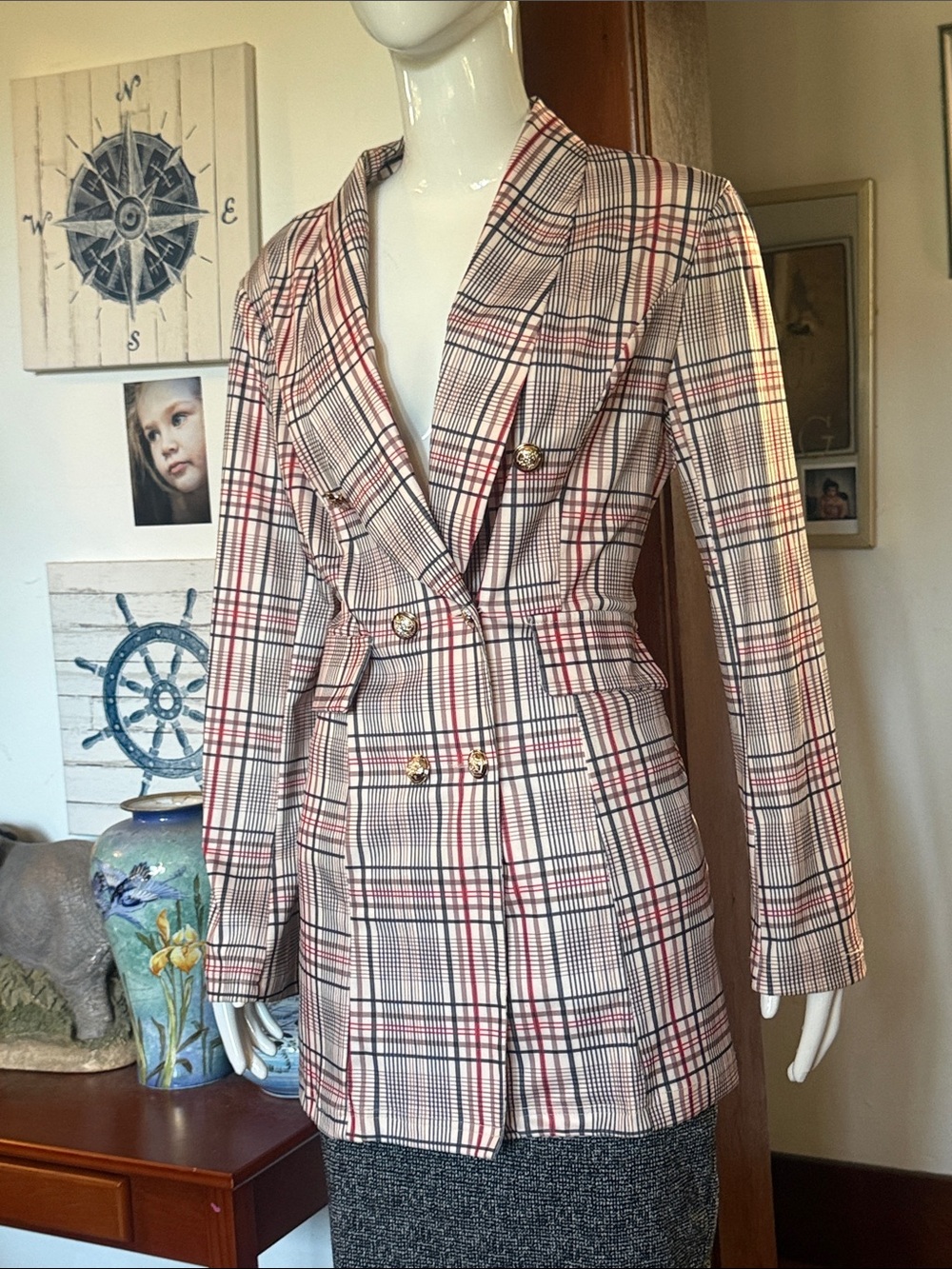 Chic Me size L Plaid Double-Breasted Blazer Jacket - Red & Cream plaid like new
